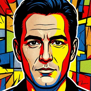 A portrait of a man in Pop Art style — bold outlines, Ben-Da