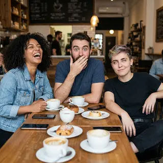 A group of three friends at a table: one laughing with head 