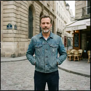 A man standing straight facing the camera, hands in pockets,