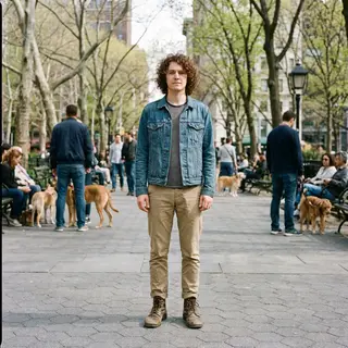 A person standing in a neutral pose in a park, full body vis