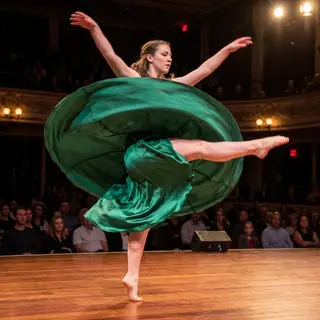 A dancer in a dynamic spin, dress flowing outward with one l