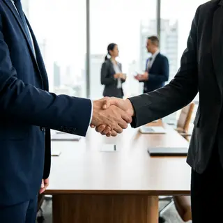 Two people shaking hands in a professional setting, all fing