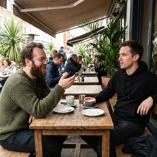 Two men at a cafe: one with a beard and glasses wearing a gr