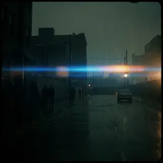 A cinematic frame with blue and orange anamorphic lens flare