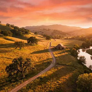 A landscape photograph bathed in golden hour light — long wa