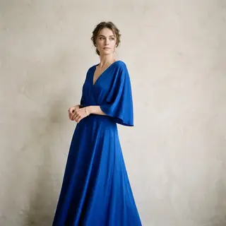 A woman wearing a royal blue evening dress against a neutral