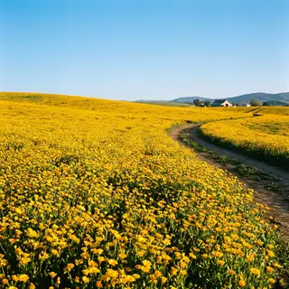 A field of pure sunflower yellow flowers under a clear blue 
