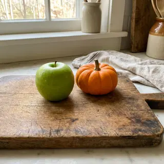 A green apple and an orange pumpkin on a wooden cutting boar