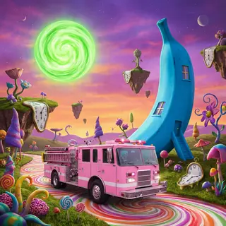 A pink fire truck, a blue banana, and a green sun in a surre
