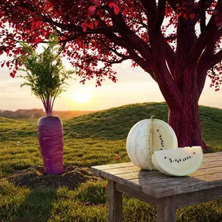 A purple carrot, a red tree with red leaves, and a white wat
