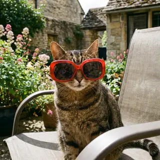 A tabby cat wearing oversized red sunglasses