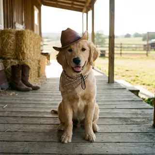 A golden retriever wearing a tiny cowboy hat