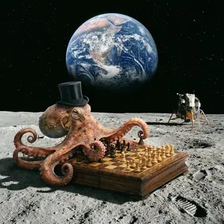 An octopus wearing a top hat and monocle playing chess on th