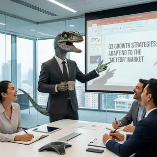 A dinosaur in a business suit giving a PowerPoint presentati