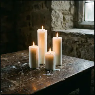 Exactly 4 white candles standing on a dark surface