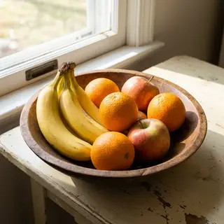 A fruit bowl containing exactly 3 bananas, 4 oranges, and 2 