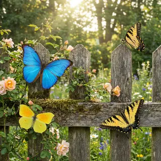 1 blue butterfly and 3 yellow butterflies resting on a garde