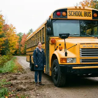 A person standing next to a yellow school bus, showing reali