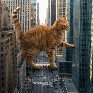 A giant tabby cat walking between city skyscrapers like a ka