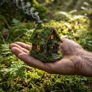 A miniature house sitting on the palm of someone's hand