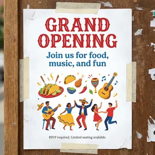 A flyer with large title 'GRAND OPENING', subtitle 'Join us 