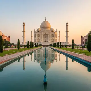 The Taj Mahal in Agra seen from the reflecting pool, with ac