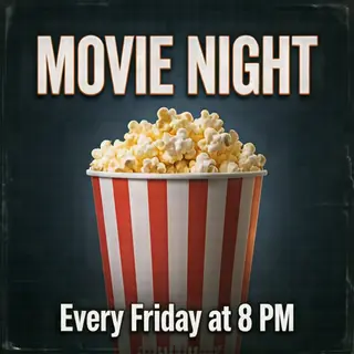 A movie night poster with a large popcorn image in the cente