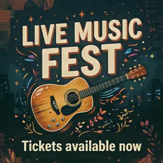 An event poster featuring a guitar illustration, the headlin