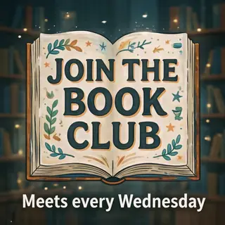 A book club poster with an open book illustration, the title