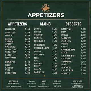 A restaurant menu layout with a logo header, three category 