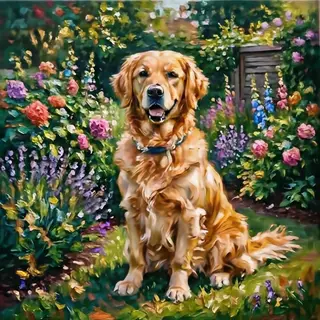 A golden retriever sitting in a garden, painted in the style