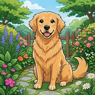 A golden retriever sitting in a garden, rendered in Japanese