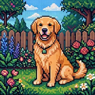 A golden retriever sitting in a garden, rendered in pixel ar
