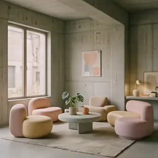 An interior scene rendered in soft brutalism — raw concrete 