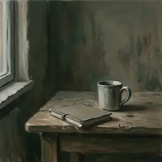 A still life painted in anxious minimalism — sparse composit