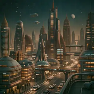 A cityscape rendered in nostalgic futurism — retro-futuristi