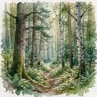 A forest rendered in photorealistic watercolor — the detail 