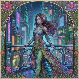 A woman in a futuristic city rendered in cyberpunk Art Nouve
