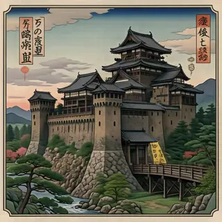 A medieval castle depicted in Japanese ukiyo-e woodblock pri