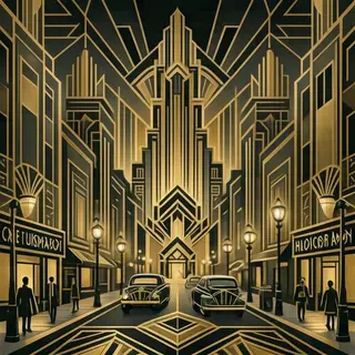 A city street scene in the style of Art Deco — geometric sha