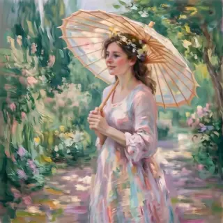 A woman with a parasol in the style of Impressionism — soft 
