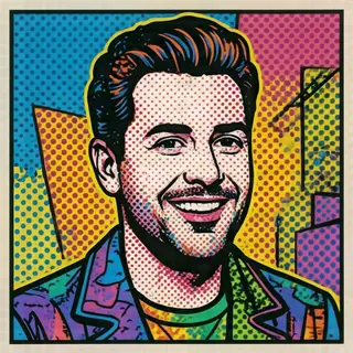 A portrait of a man in Pop Art style — bold outlines, Ben-Da
