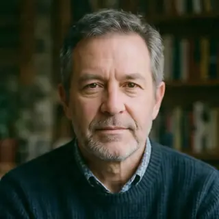 A portrait of a middle-aged man with a calm, serious express