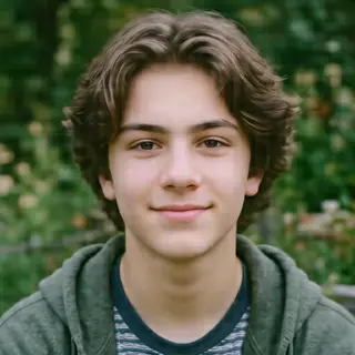 A headshot of a teenager with a relaxed, neutral face