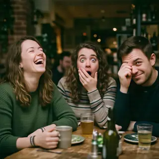 A group of three friends at a table: one laughing with head 