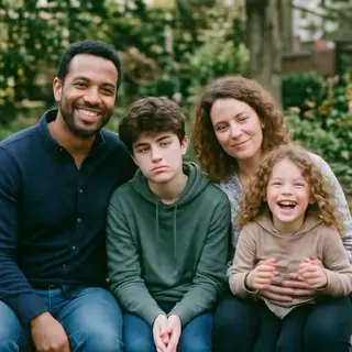 A family photo with four people: a father beaming with pride