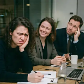 Three coworkers in a meeting: one looking frustrated with fu