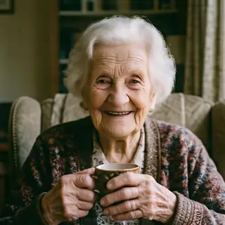 An elderly woman in her 80s with deep wrinkles and white hai