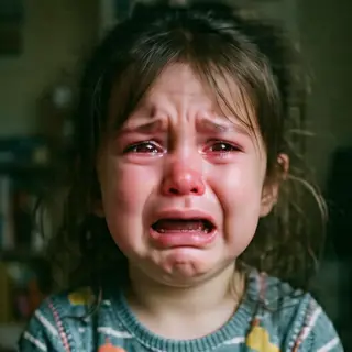 A 5-year-old child with round cheeks and large eyes, crying 
