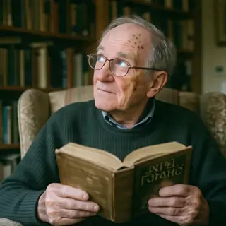 An elderly man in his 70s with age spots and thinning gray h